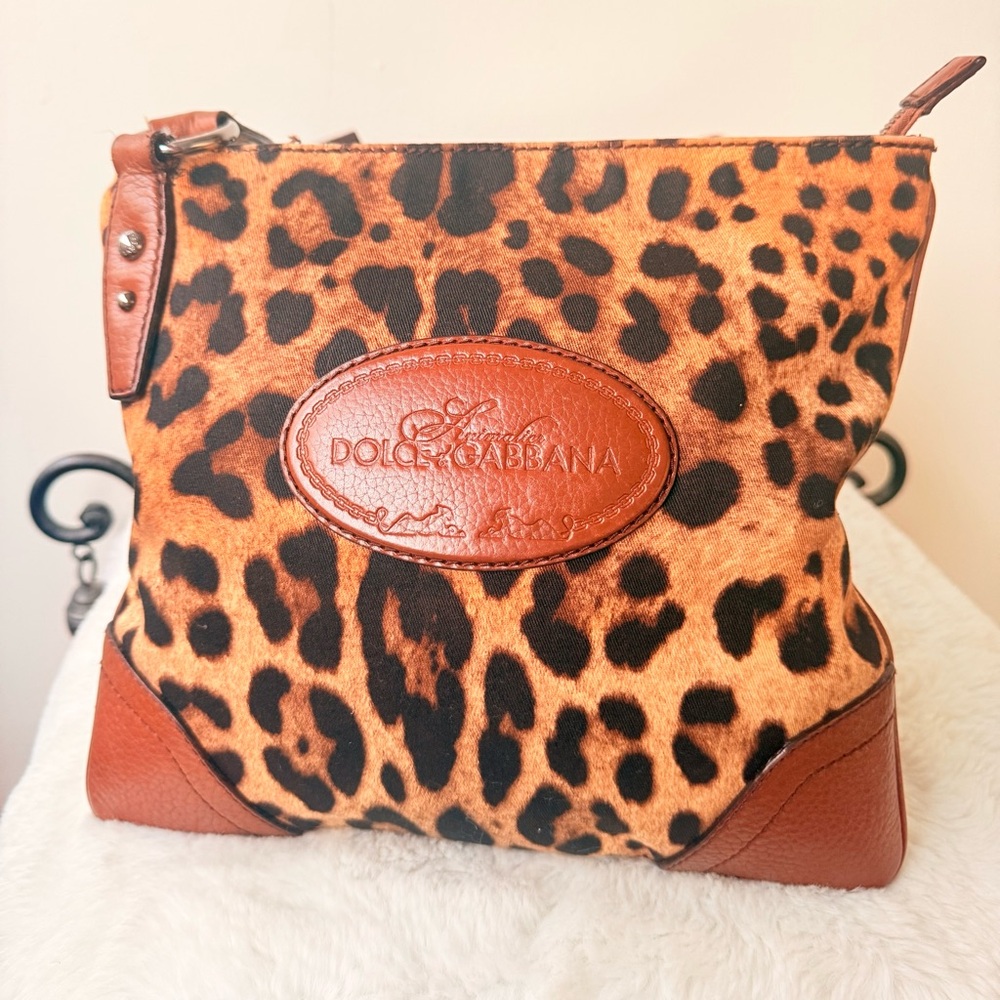 Dolce & Gabbana Leopard Crossbody Bag Brown Leather Trim Y2K Italy Vintage
